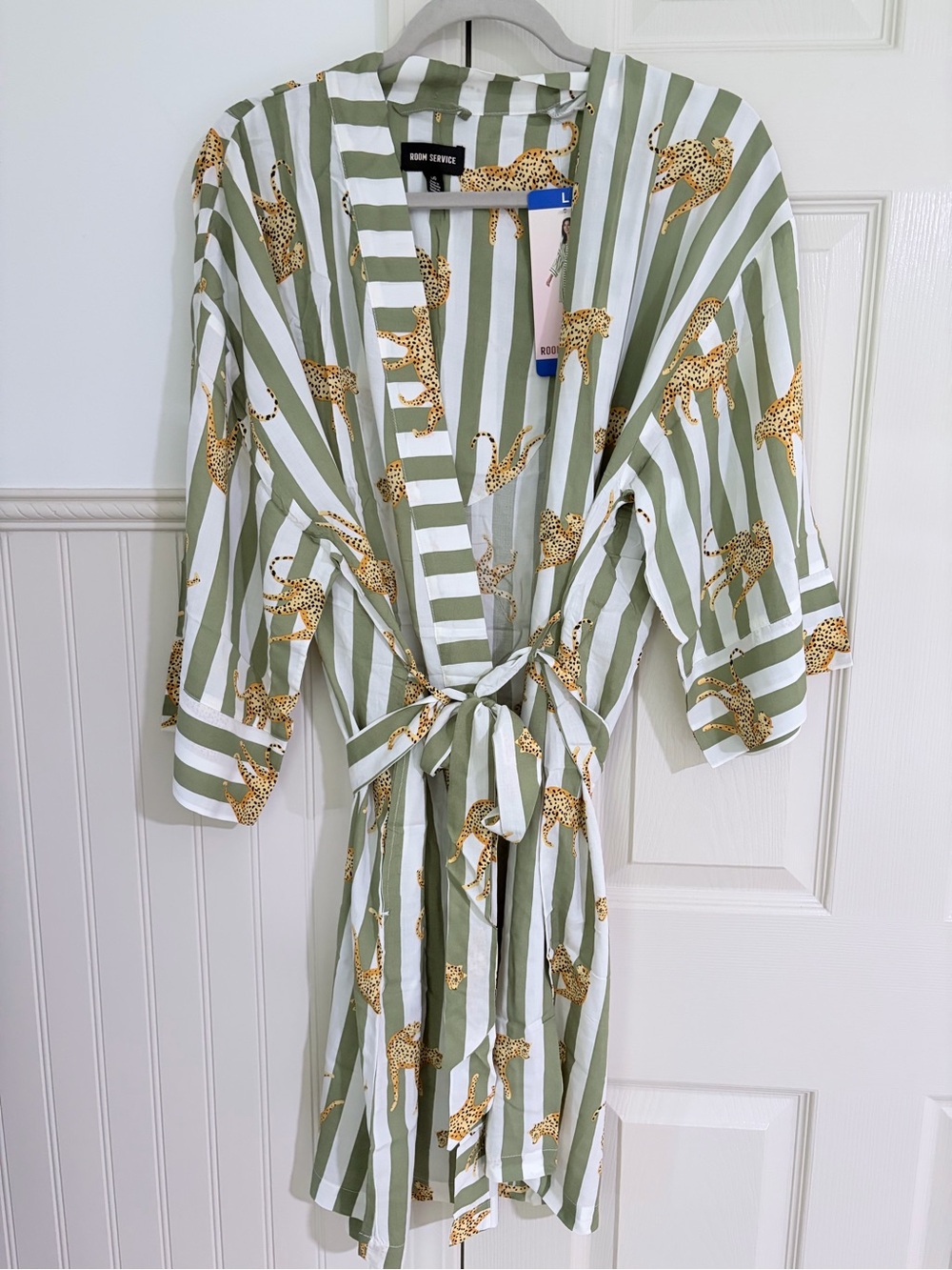 Room Service Sage Stripe & Leopard Print Cotton Robe